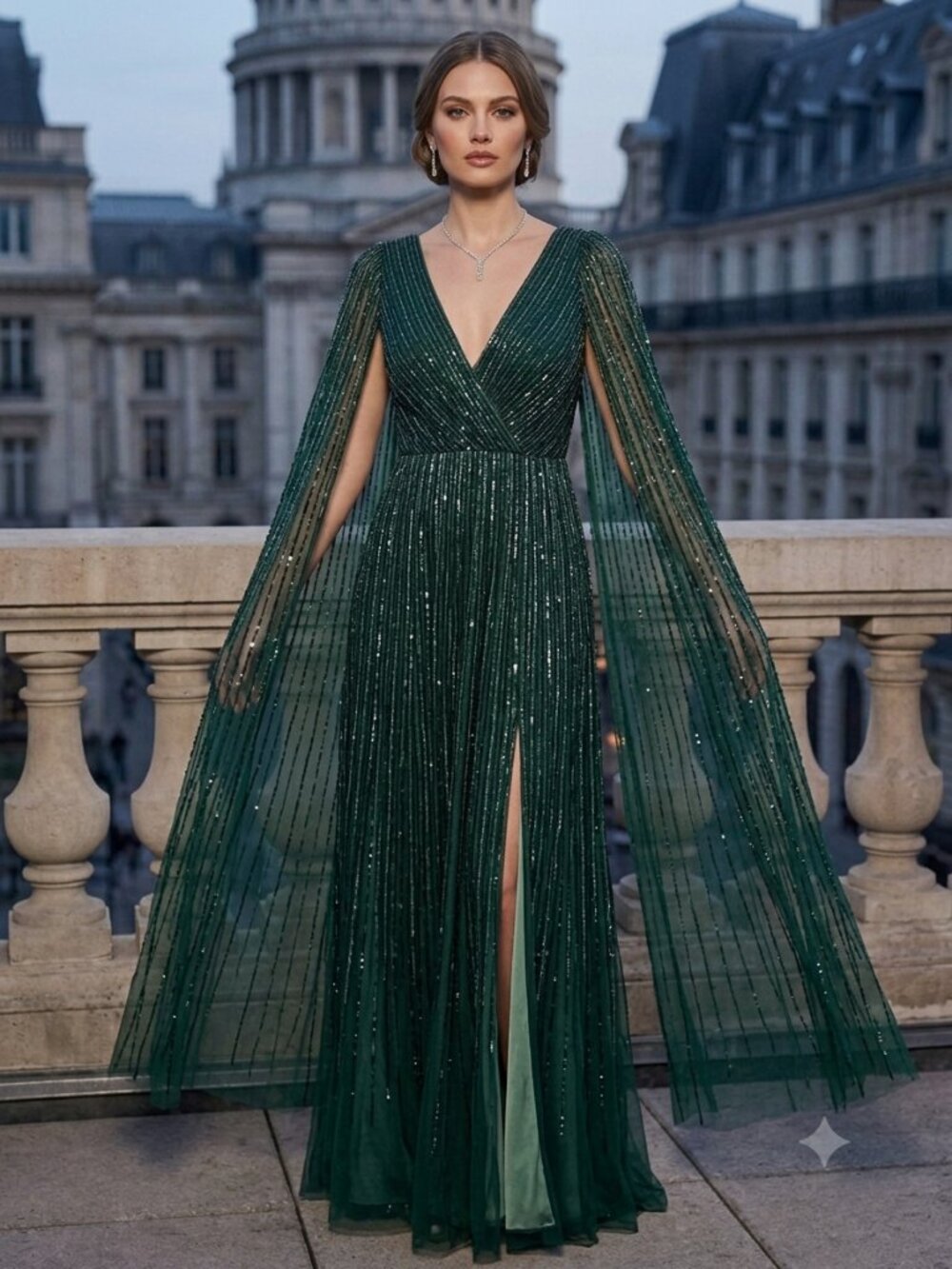 MARCHESA NOTTE Ombré Green Beaded Caped Gown